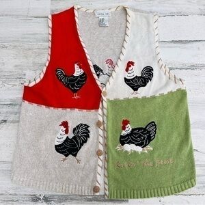 Vintage Mandal Bay Vest Chicken Rooster Rulin' the Roost Linen Cotton 80s 90s XL